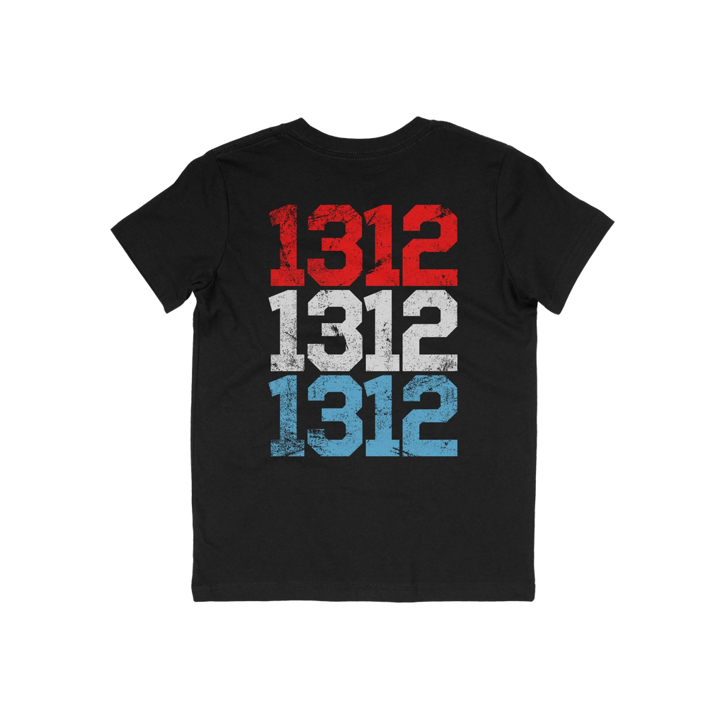 Black 1312 ACAB T-shirt featuring distressed varsity-style 1312 printed three times in red, white, and blue on the back, symb