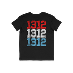 Black 1312 ACAB T-shirt featuring distressed varsity-style 1312 printed three times in red, white, and blue on the back, symb