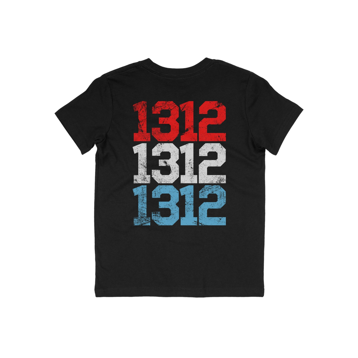 Black 1312 ACAB T-shirt featuring distressed varsity-style 1312 printed three times in red, white, and blue on the back, symb