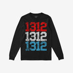 1312 ACAB T-shirt features three stencil-style 1312 prints in distressed red, white, and blue down the front, embodying protest spirit. Available in black long-sleeve, promoting equality and accountability.