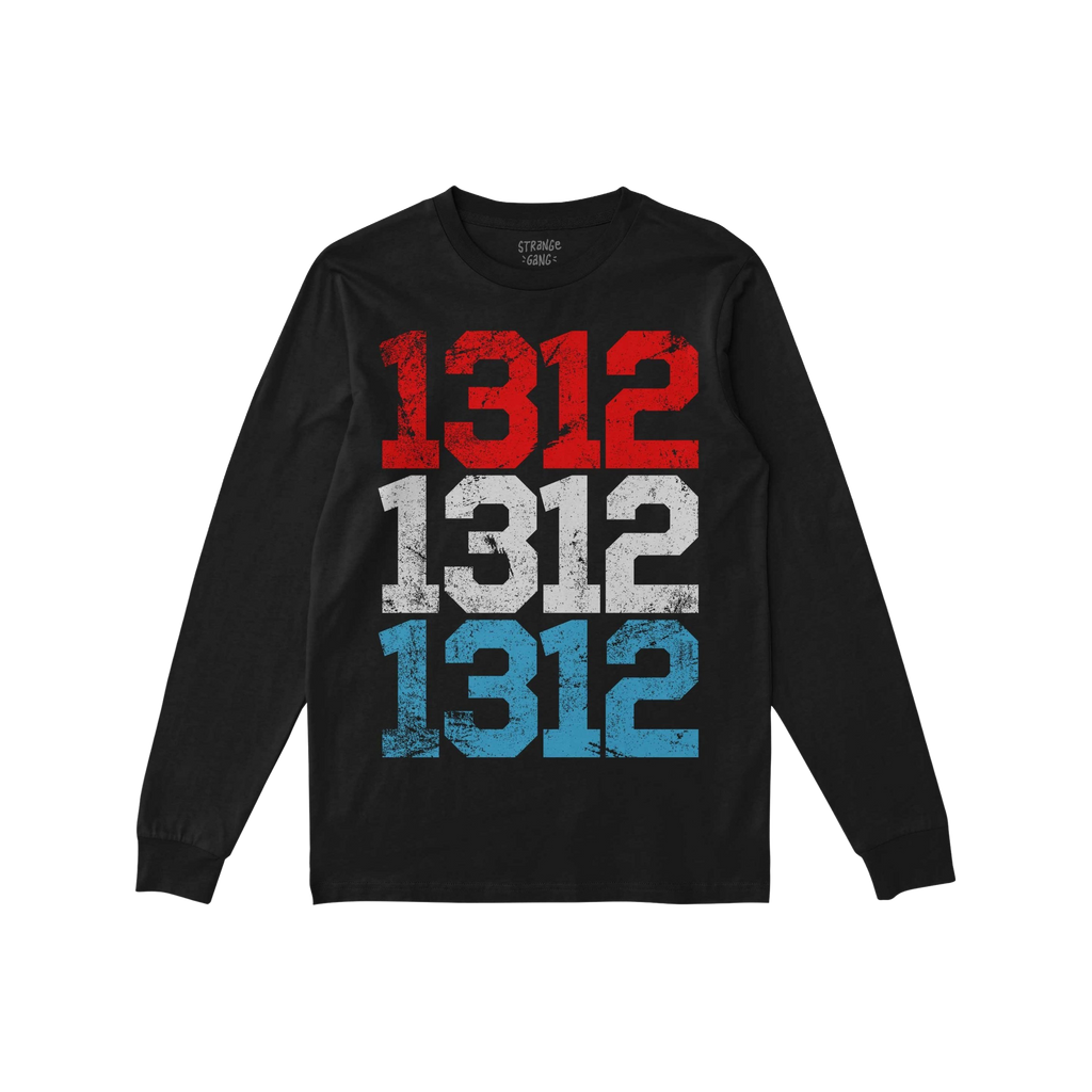 1312 ACAB T-shirt features three stencil-style 1312 prints in distressed red, white, and blue down the front, embodying prote