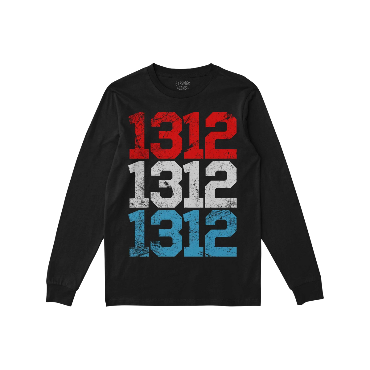 1312 ACAB T-shirt features three stencil-style 1312 prints in distressed red, white, and blue down the front, embodying prote