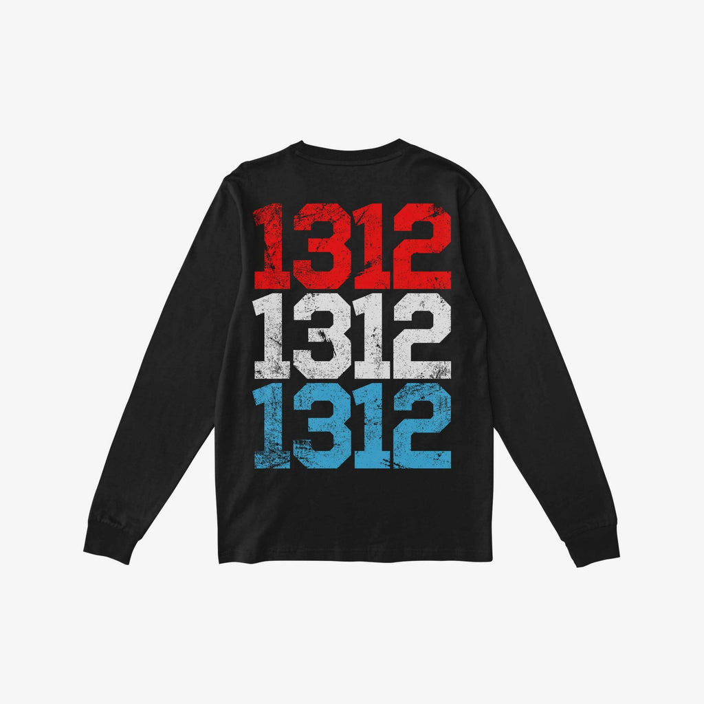 Black 1312 ACAB long-sleeve T-shirt, back view, featuring 1312 printed three times in distressed red, white, and blue, symbolizing protest and police accountability. Ideal for marches and community events.