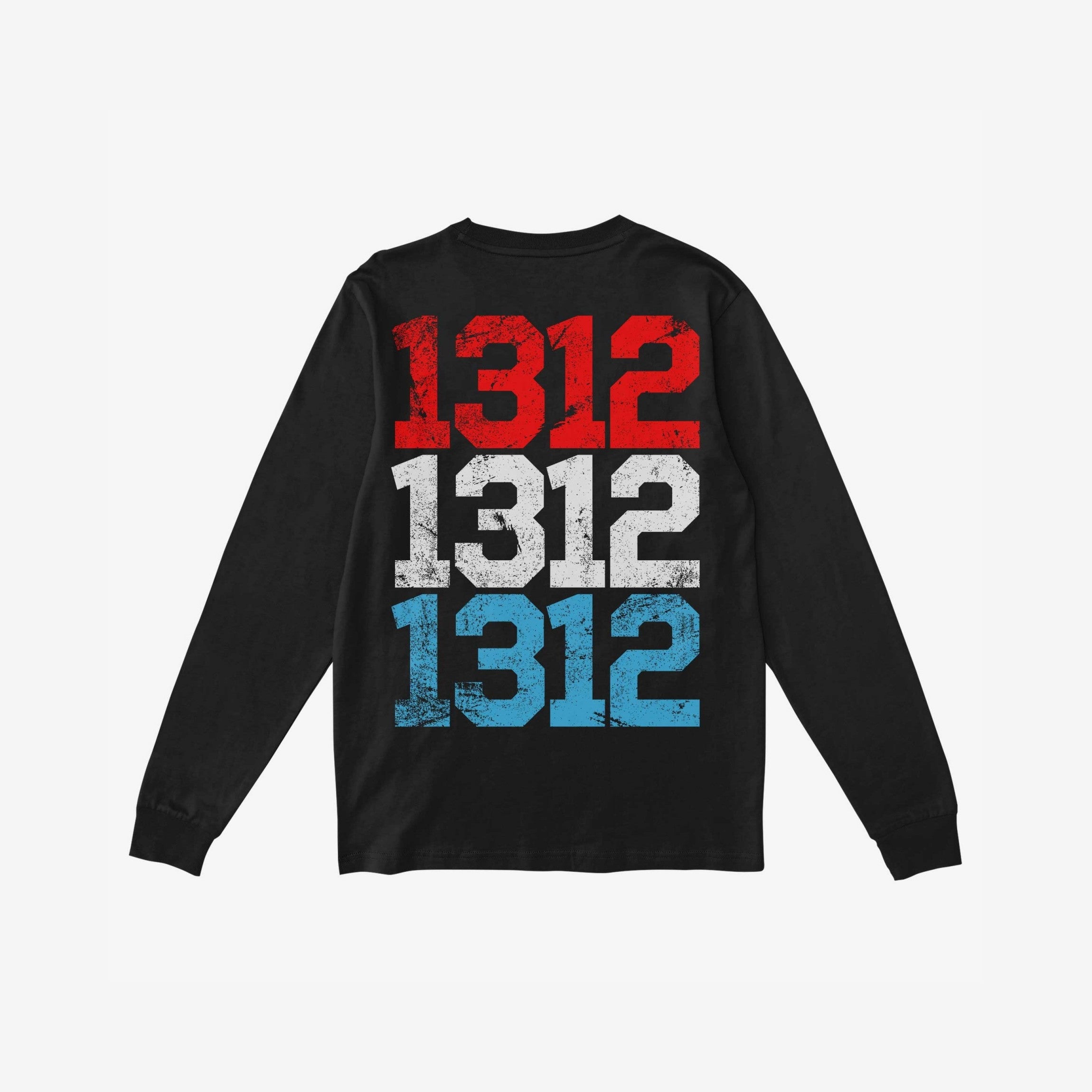 Black 1312 ACAB long-sleeve T-shirt, back view, featuring 1312 printed three times in distressed red, white, and blue, symbolizing protest and police accountability. Ideal for marches and community events.