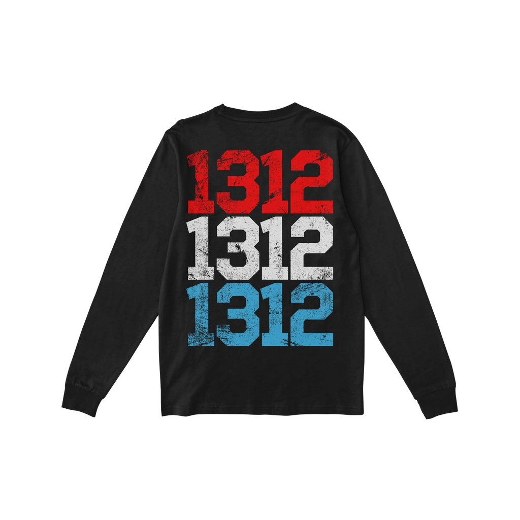 Black 1312 ACAB long-sleeve T-shirt, back view, featuring 1312 printed three times in distressed red, white, and blue, symbol