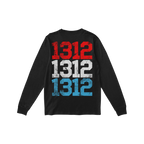 Black 1312 ACAB long-sleeve T-shirt, back view, featuring 1312 printed three times in distressed red, white, and blue, symbol