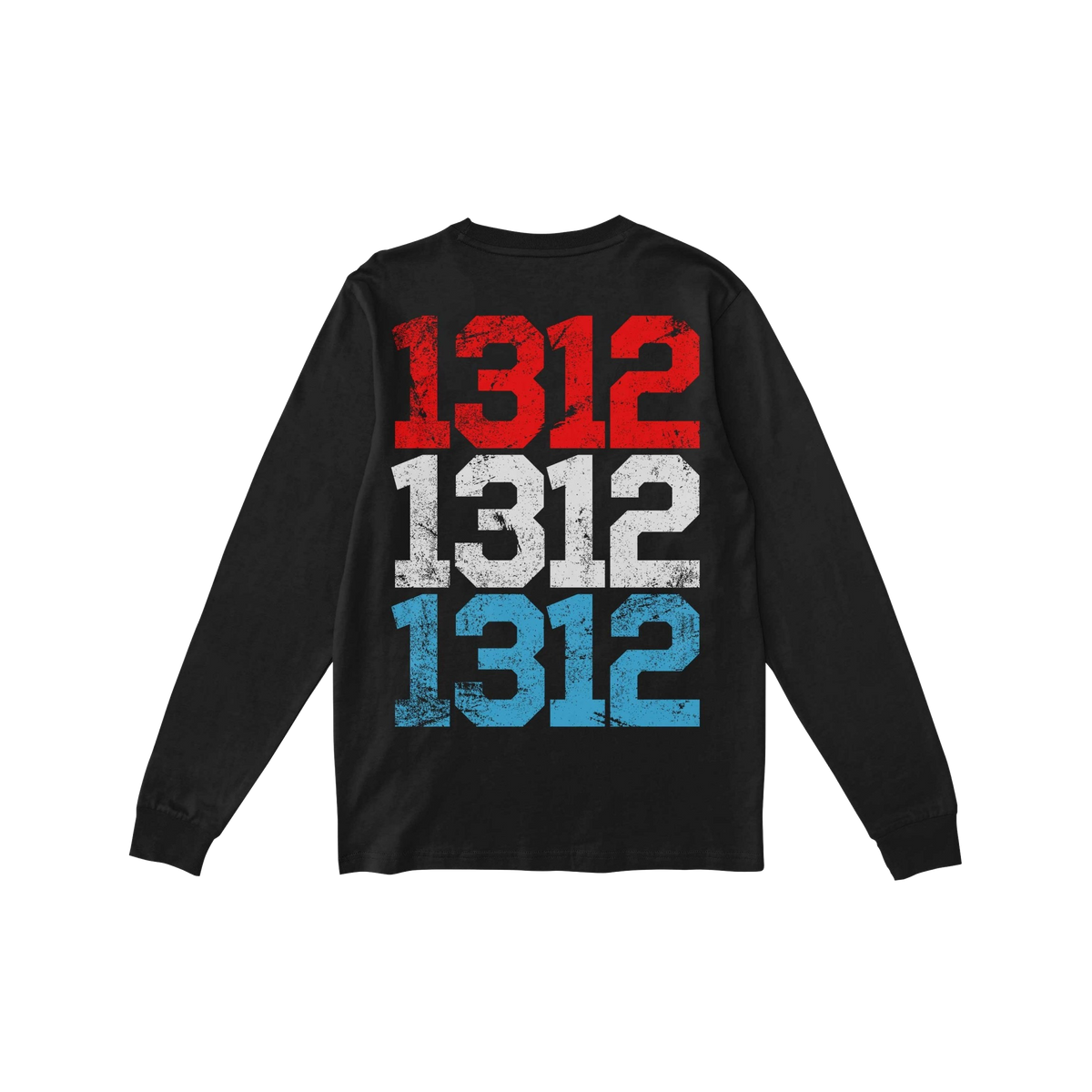 Black 1312 ACAB long-sleeve T-shirt, back view, featuring 1312 printed three times in distressed red, white, and blue, symbol
