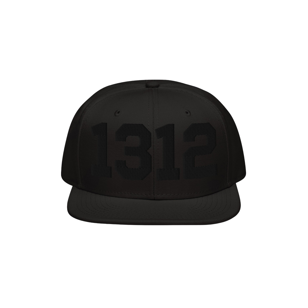 Black flat-brimmed snapback hat with 1312 in glossy black embroidery on the front, symbolizing ACAB. Ideal for advocating pol