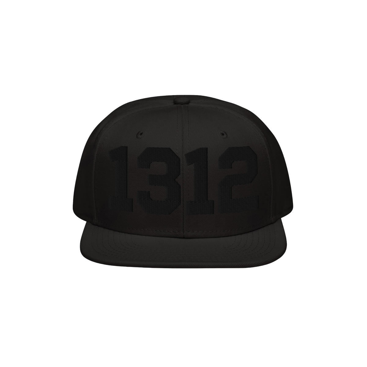 Black flat-brimmed snapback hat with 1312 in glossy black embroidery on the front, symbolizing ACAB. Ideal for advocating pol
