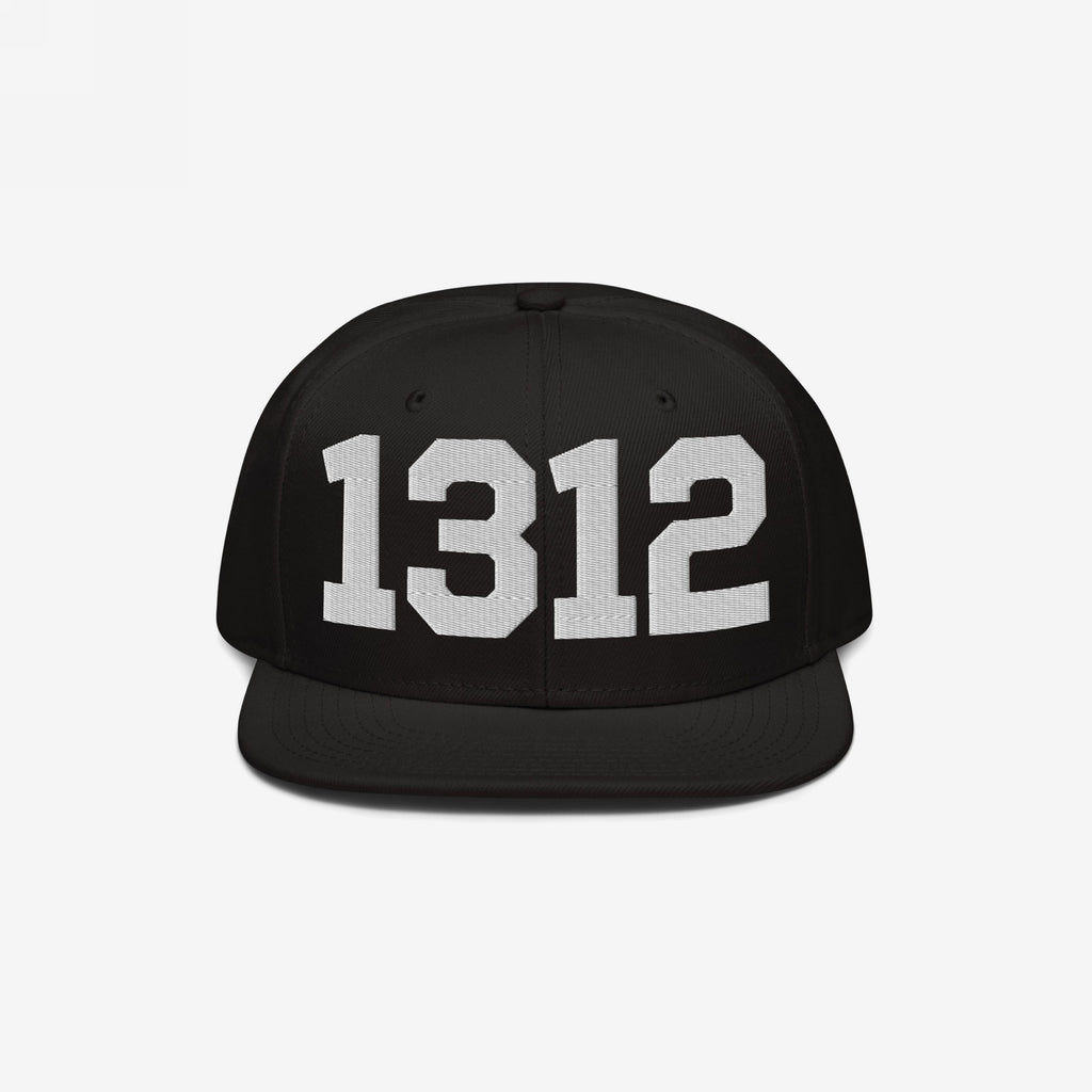 Black flat-brimmed snapback cap with 1312 boldly embroidered on the front, representing the ACAB protest code for police accountability, designed for those who advocate against brutality and support equality.