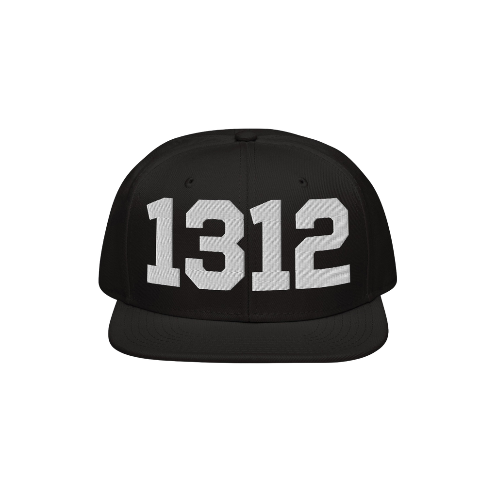 Black flat-brimmed snapback cap with 1312 boldly embroidered on the front, representing the ACAB protest code for police acco
