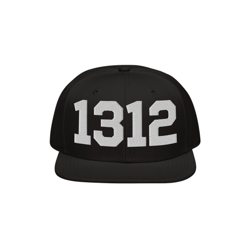 Black flat-brimmed snapback cap with 1312 boldly embroidered on the front, representing the ACAB protest code for police acco