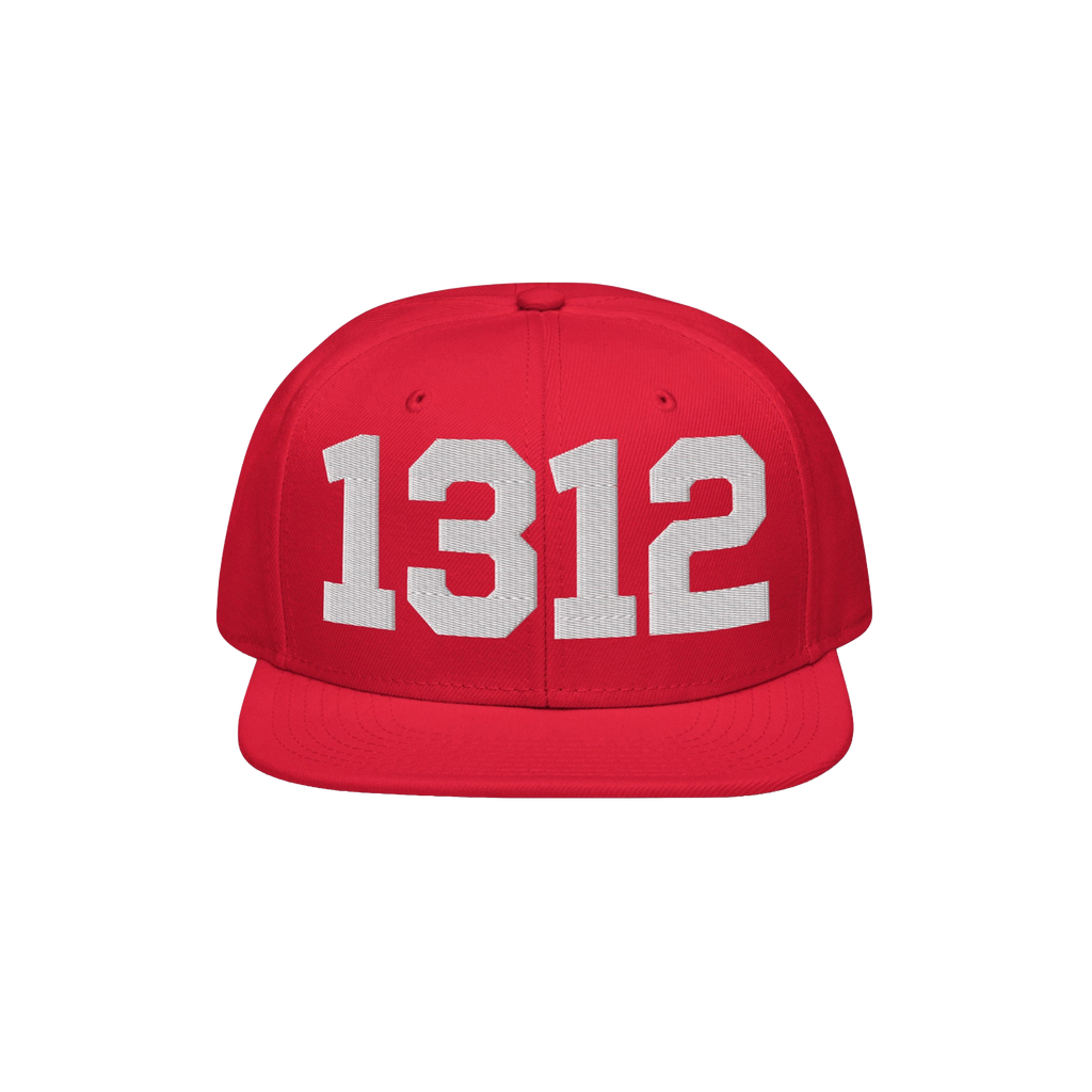 Red flat-brimmed cap featuring 1312 in bold white digits, symbolizing ACAB, advocating for police accountability.