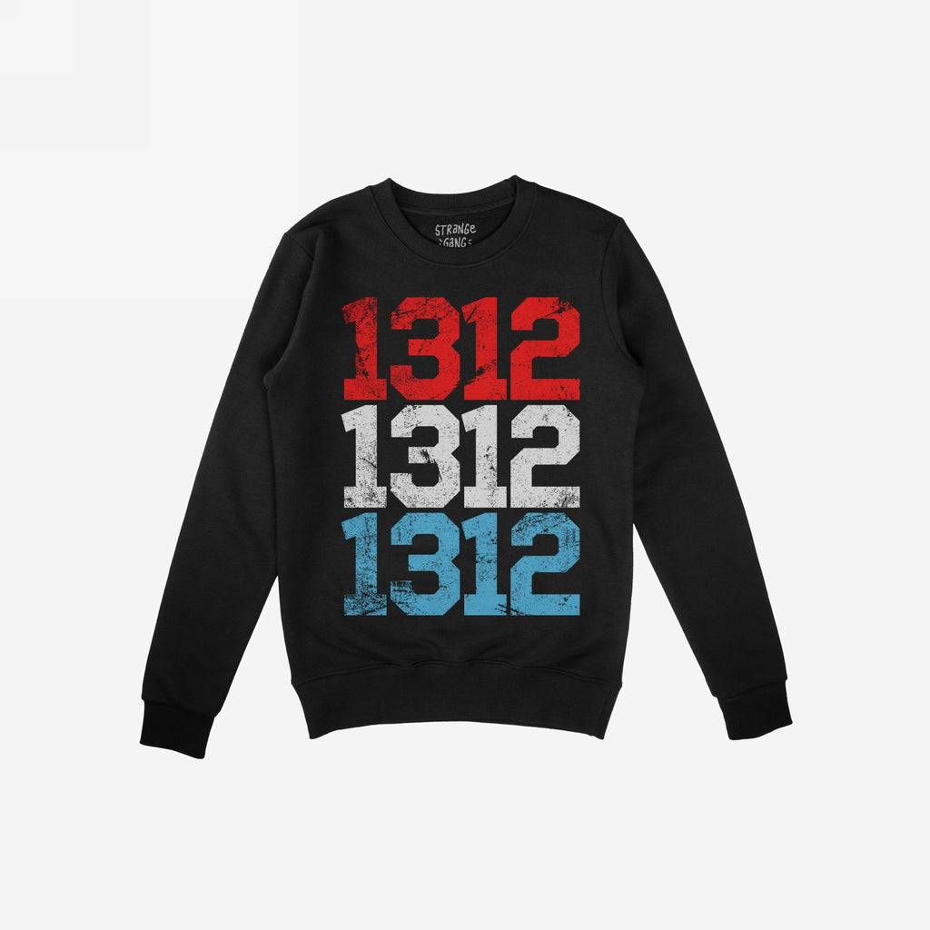 1312 ACAB Sweatshirt features a black crew-neck design with long sleeves, showcasing a distressed-style print of 1312 stacked thrice in red, white, and blue, promoting anti-police brutality sentiments.