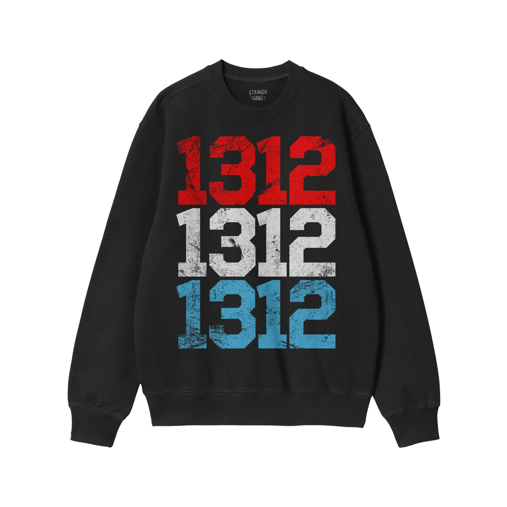 1312 ACAB Sweatshirt features a black crew-neck design with long sleeves, showcasing a distressed-style print of 1312 stacked