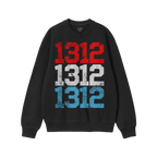 1312 ACAB Sweatshirt features a black crew-neck design with long sleeves, showcasing a distressed-style print of 1312 stacked