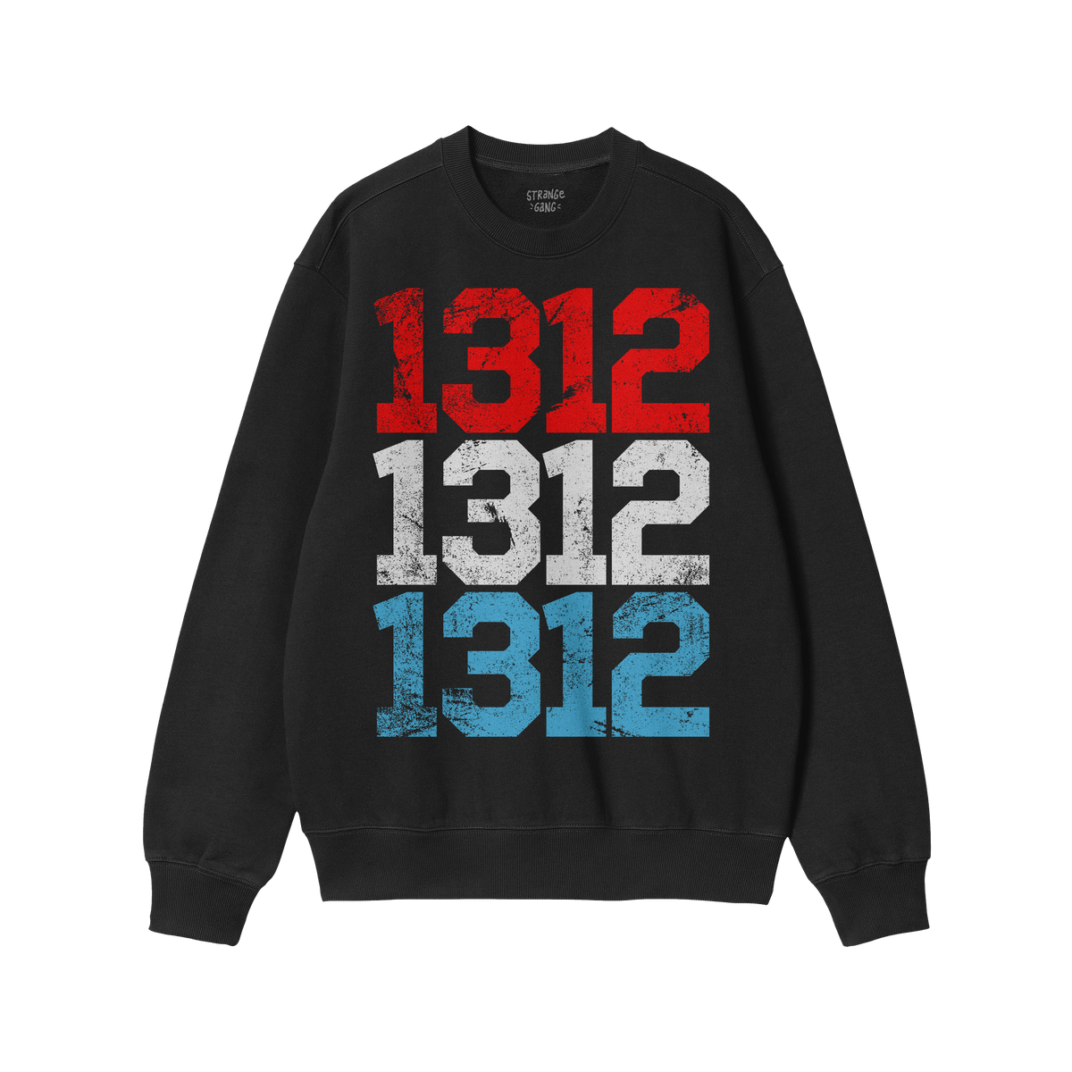 1312 ACAB Sweatshirt features a black crew-neck design with long sleeves, showcasing a distressed-style print of 1312 stacked