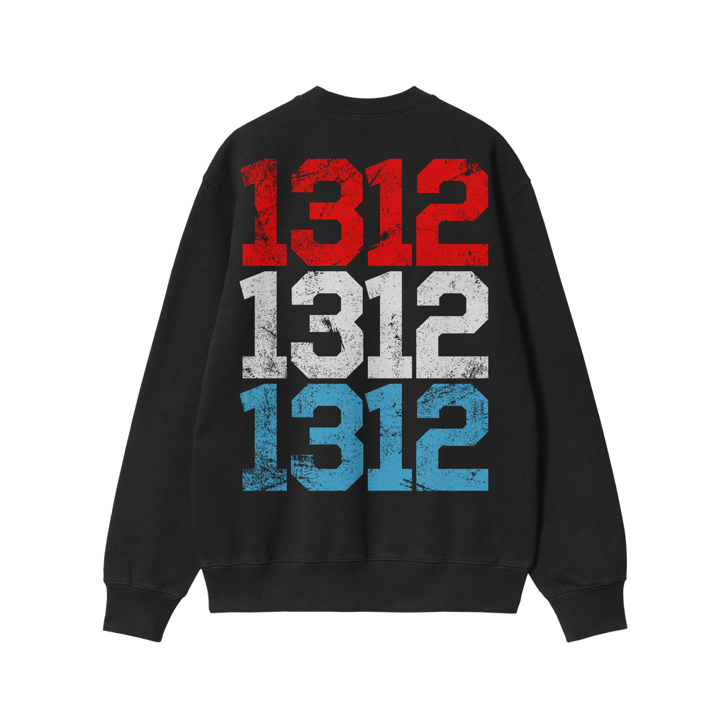 1312 ACAB Sweatshirt featuring vertically stacked distressed numerals in red, white, and blue, symbolizing resistance against