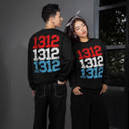 1312 ACAB Sweatshirt features stacked distressed numbers in red, white, blue. Female model shows front; male shows back. Represents anti-police brutality stance. Ideal for protests or everyday advocacy.