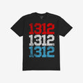 1312 ACAB T-shirt features 1312 in distressed red, white, and blue block numbers, stacked vertically, on a black tee. Available in various fits, ideal for protests or everyday activism.