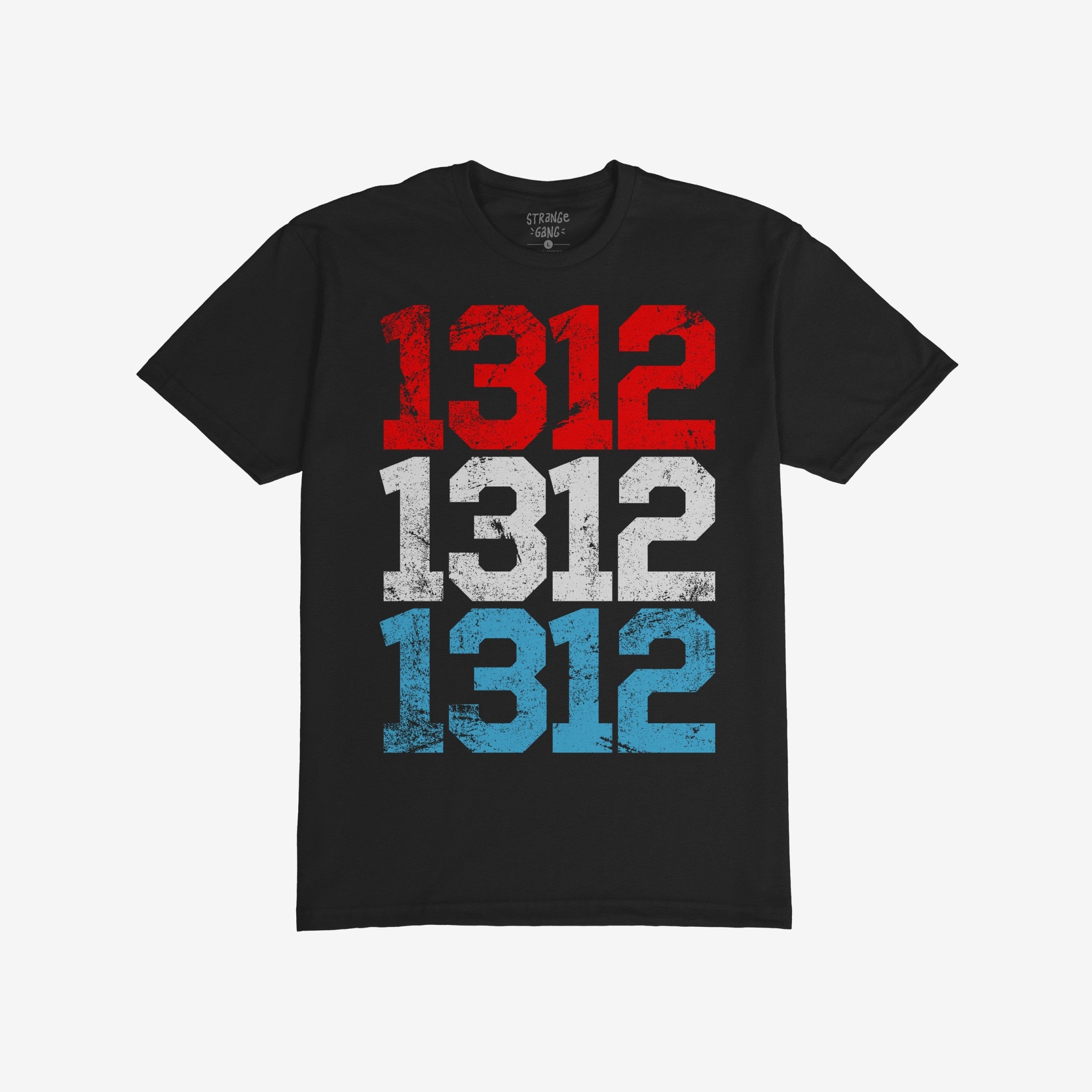 1312 ACAB T-shirt features 1312 in distressed red, white, and blue block numbers, stacked vertically, on a black tee. Available in various fits, ideal for protests or everyday activism.