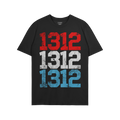 1312 ACAB T-shirt features 1312 in distressed red, white, and blue block numbers, stacked vertically, on a black tee. Availab
