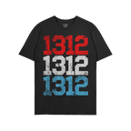 1312 ACAB T-shirt features 1312 in distressed red, white, and blue block numbers, stacked vertically, on a black tee. Availab
