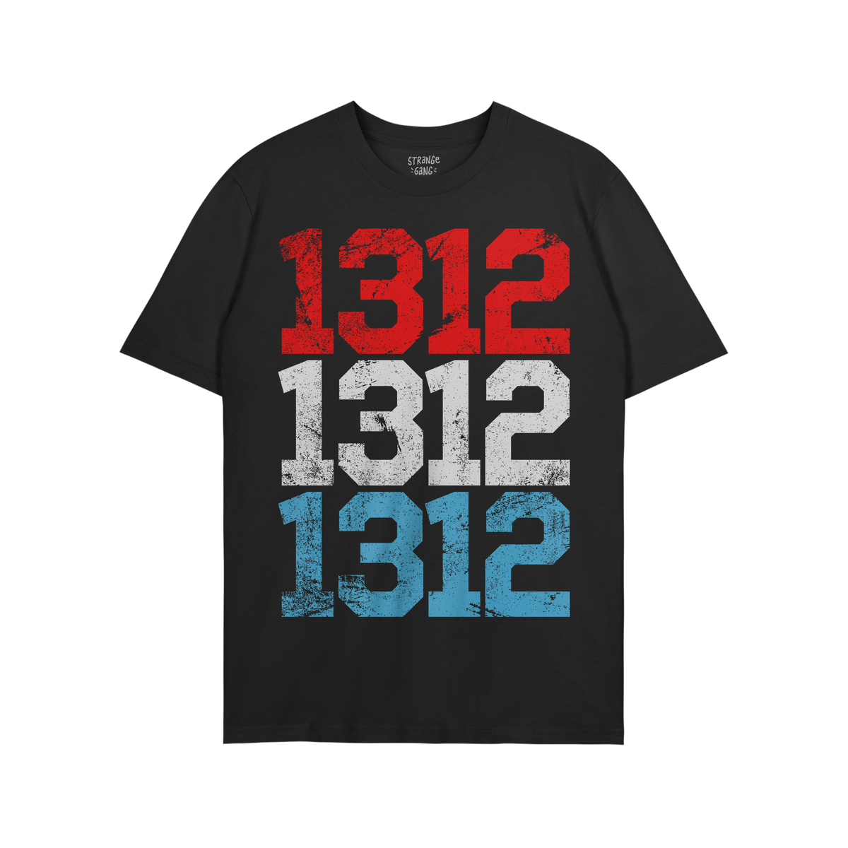 1312 ACAB T-shirt features 1312 in distressed red, white, and blue block numbers, stacked vertically, on a black tee. Availab