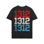 Back view of 1312 ACAB T-shirt in black, featuring distressed block numbers 1312 in red, white, and blue, symbolizing anti-po