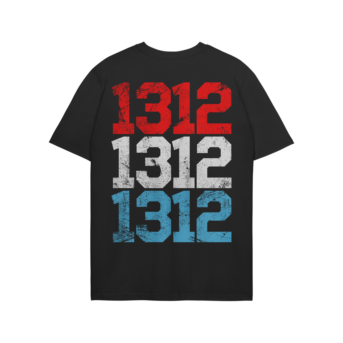 Back view of 1312 ACAB T-shirt in black, featuring distressed block numbers 1312 in red, white, and blue, symbolizing anti-po
