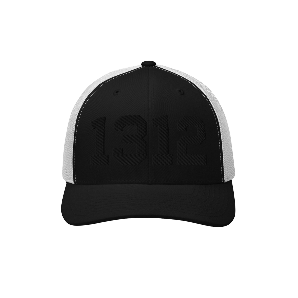 Black-and-white trucker cap with 1312 embroidered in black on the front, symbolizing ACAB. The cap features black front panel