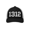 1312 ACAB Hat in black-and-white trucker style, featuring bold white 1312 on the front, symbolizing protest and advocacy for 