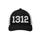 1312 ACAB Hat in black-and-white trucker style, featuring bold white 1312 on the front, symbolizing protest and advocacy for 