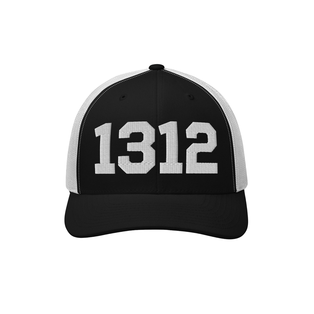1312 ACAB Hat in black-and-white trucker style, featuring bold white 1312 on the front, symbolizing protest and advocacy for 