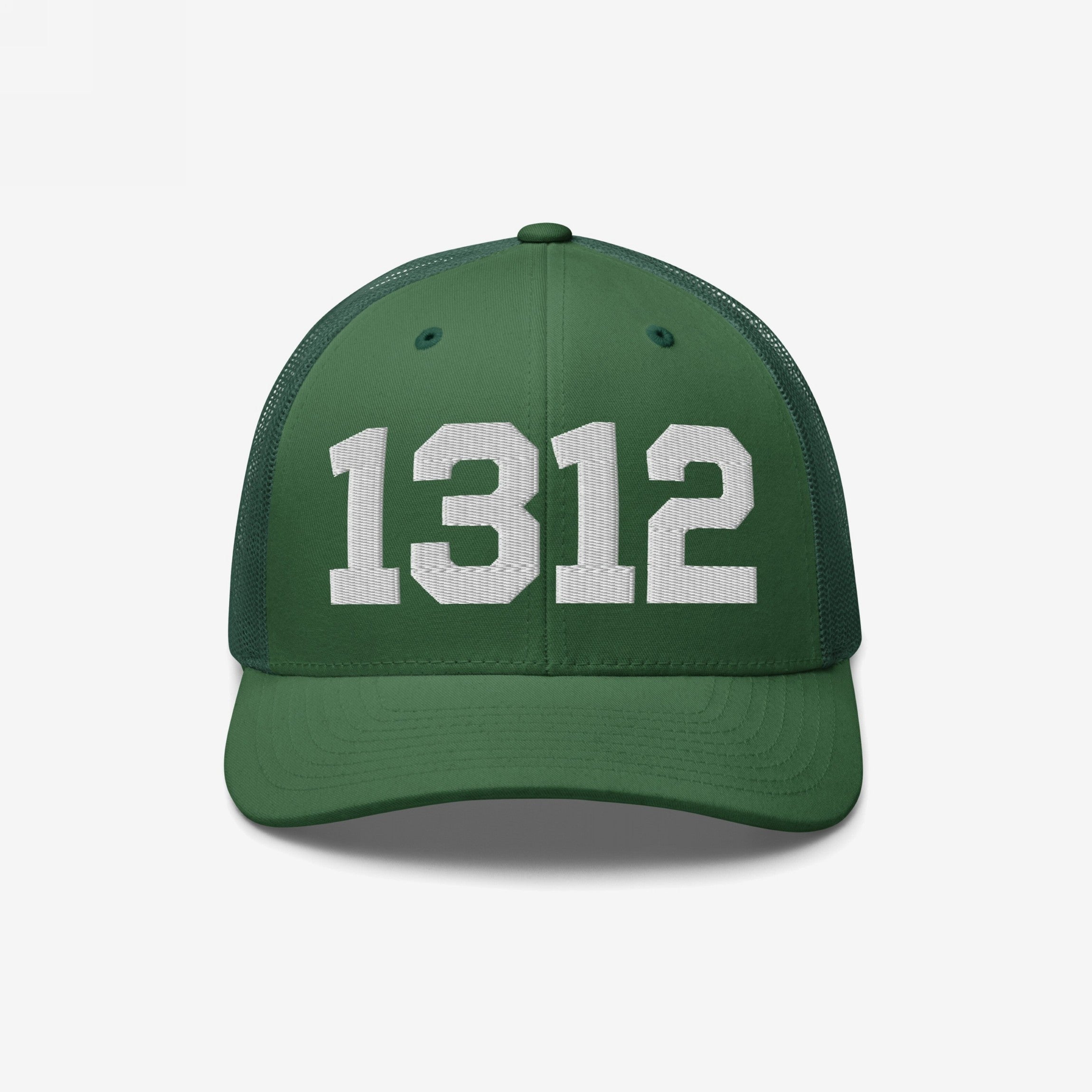 Green trucker-style cap with mesh back featuring bold white 1312 block numbers, representing ACAB, highlighting a stance against police brutality and supporting accountability.