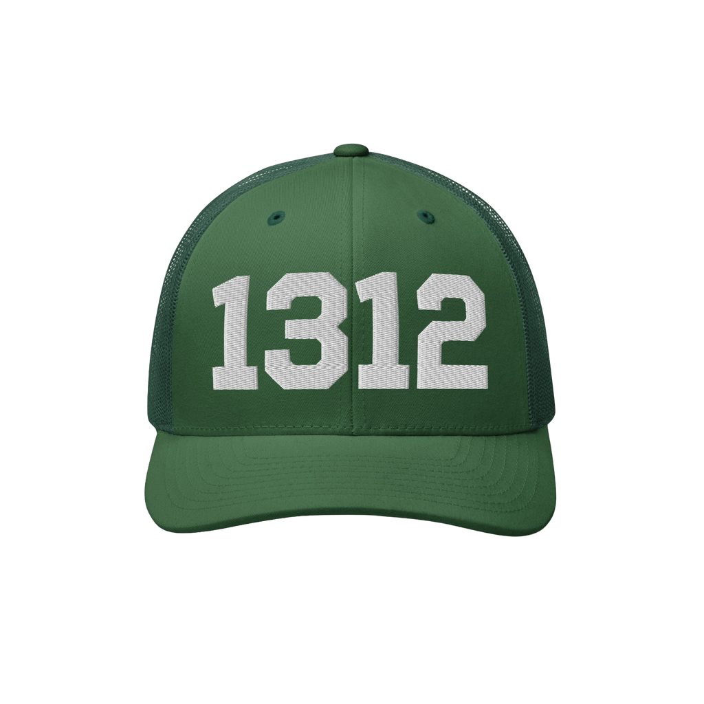Green trucker-style cap with mesh back featuring bold white 1312 block numbers, representing ACAB, highlighting a stance agai