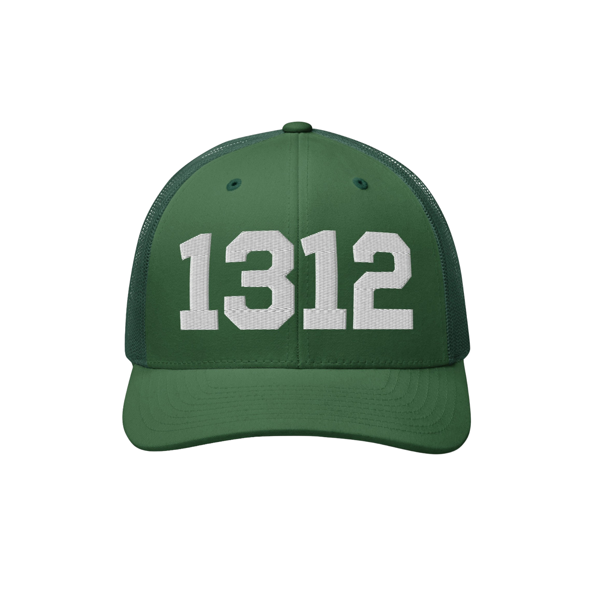 Green trucker-style cap with mesh back featuring bold white 1312 block numbers, representing ACAB, highlighting a stance agai