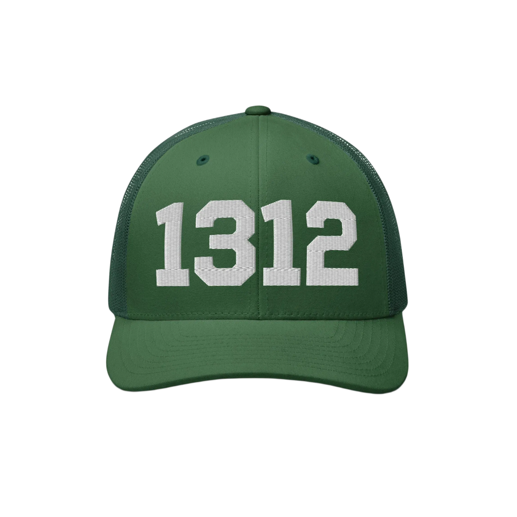 Green trucker-style cap with mesh back featuring bold white 1312 block numbers, representing ACAB, highlighting a stance against police brutality and supporting accountability.