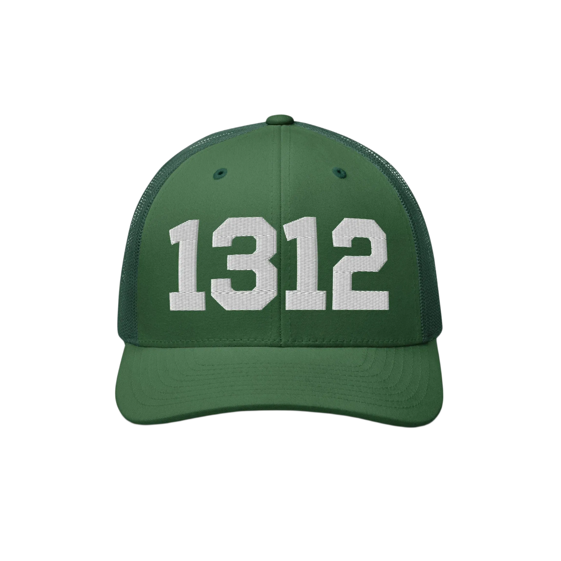 Green trucker-style cap with mesh back featuring bold white 1312 block numbers, representing ACAB, highlighting a stance against police brutality and supporting accountability.