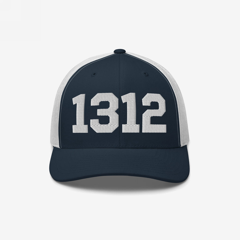 1312 ACAB Hat featuring bold white numerals on a navy front panel with a white mesh back, embodying a message of police accountability and resistance. Ideal for making a statement in various styles.