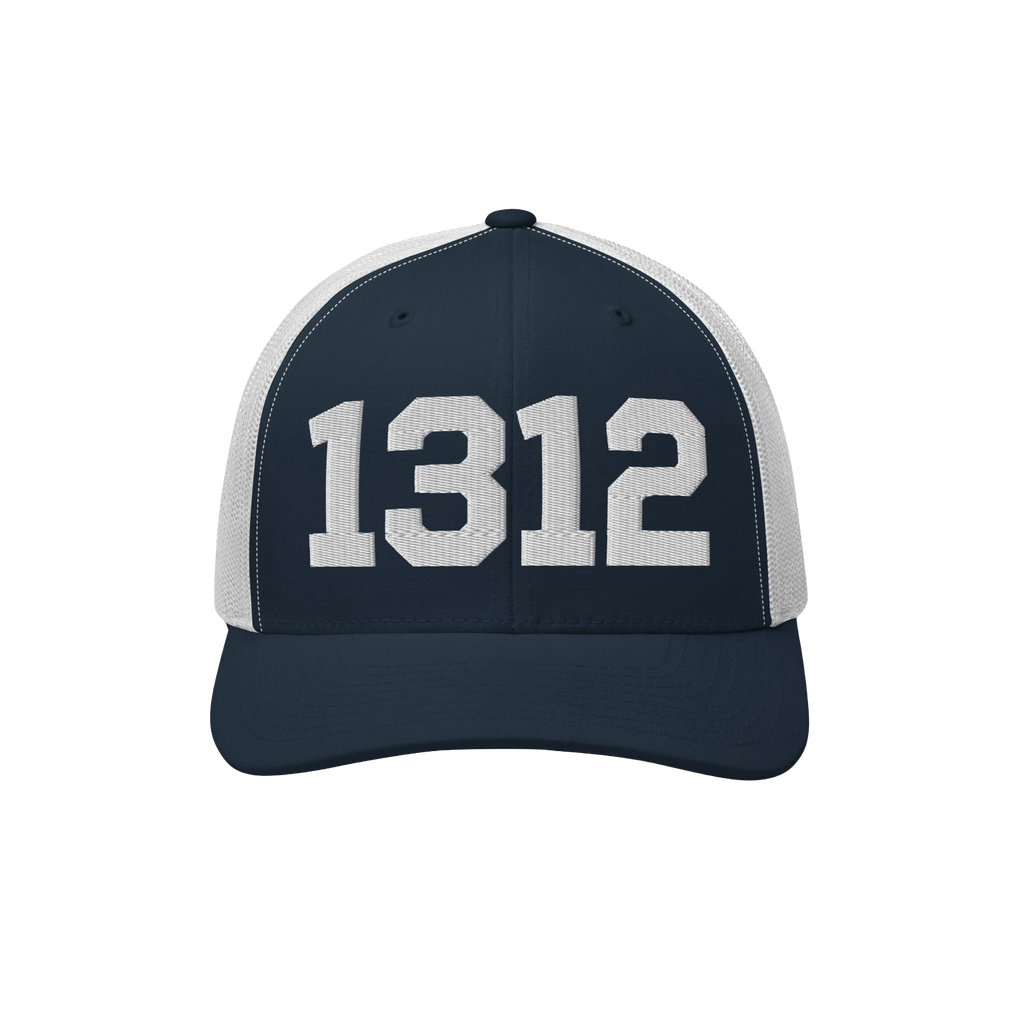 1312 ACAB Hat featuring bold white numerals on a navy front panel with a white mesh back, embodying a message of police accou