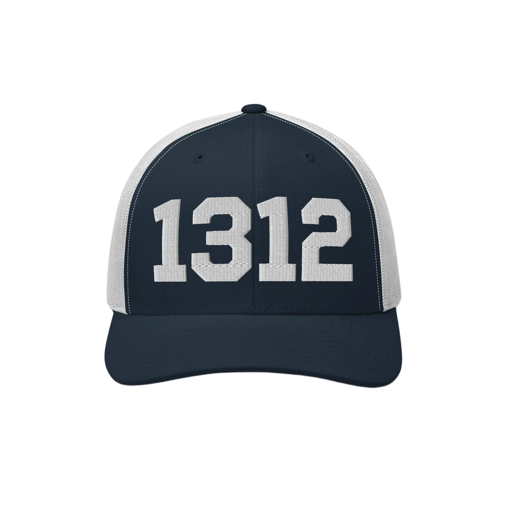 1312 ACAB Hat featuring bold white numerals on a navy front panel with a white mesh back, embodying a message of police accountability and resistance. Ideal for making a statement in various styles.