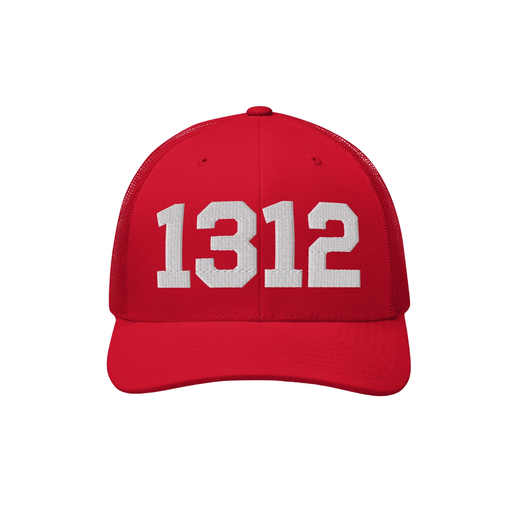 Red trucker-style baseball cap with 1312 embroidered in white on the front, representing the protest code ACAB, symbolizing p