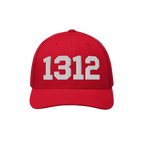 Red trucker-style baseball cap with 1312 embroidered in white on the front, representing the protest code ACAB, symbolizing p