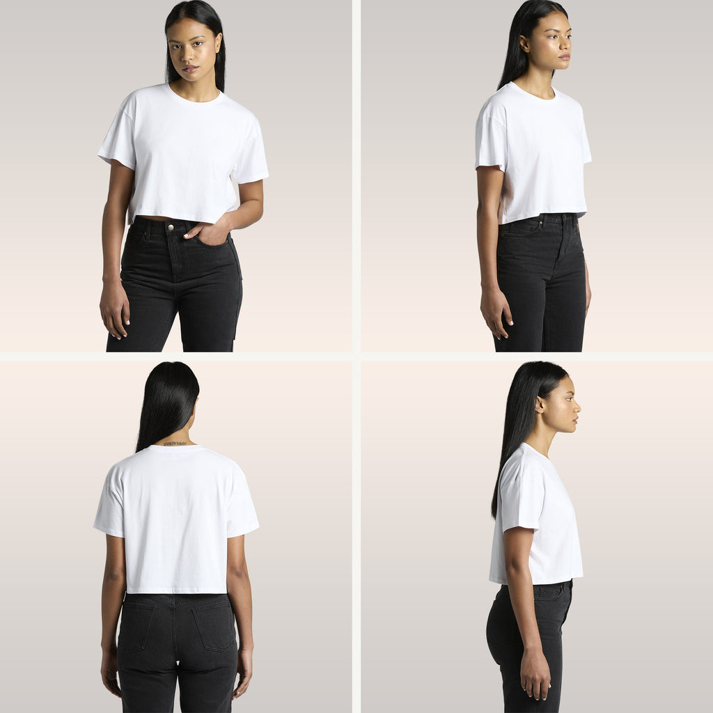 Crop top fit image showing various angles and poses for women's crop tops by Strange Gang, Strange Allies, EGOPROOF, and Hopsmash