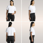 Crop top fit image showing various angles and poses for women's crop tops by Strange Gang, Strange Allies, EGOPROOF, and Hopsmash