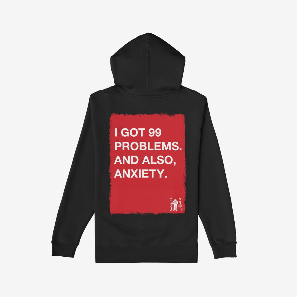The 99 Problems Hoodie showcases a striking red rectangle with bold white text on the back, humorously highlighting life's challenges. A subtle EGO PROOF. logo adds a rebellious touch.