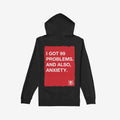 The 99 Problems Hoodie showcases a striking red rectangle with bold white text on the back, humorously highlighting life's challenges. A subtle EGO PROOF. logo adds a rebellious touch.