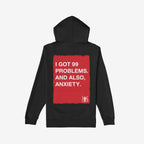 The 99 Problems Hoodie showcases a striking red rectangle with bold white text on the back, humorously highlighting life's challenges. A subtle EGO PROOF. logo adds a rebellious touch.
