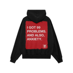 The 99 Problems Hoodie showcases a striking red rectangle with bold white text on the back, humorously highlighting life's ch